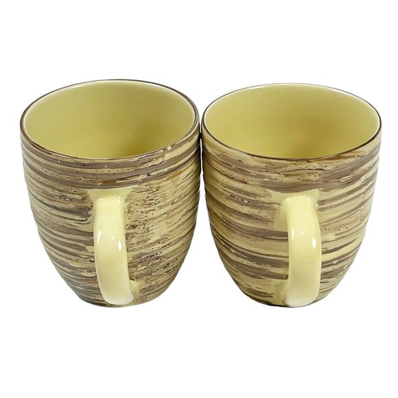 2 Thomson Pottery BIRCH Mugs Textured Striped Farmhouse Rustic Yellow Brown - Picture 5 of 12